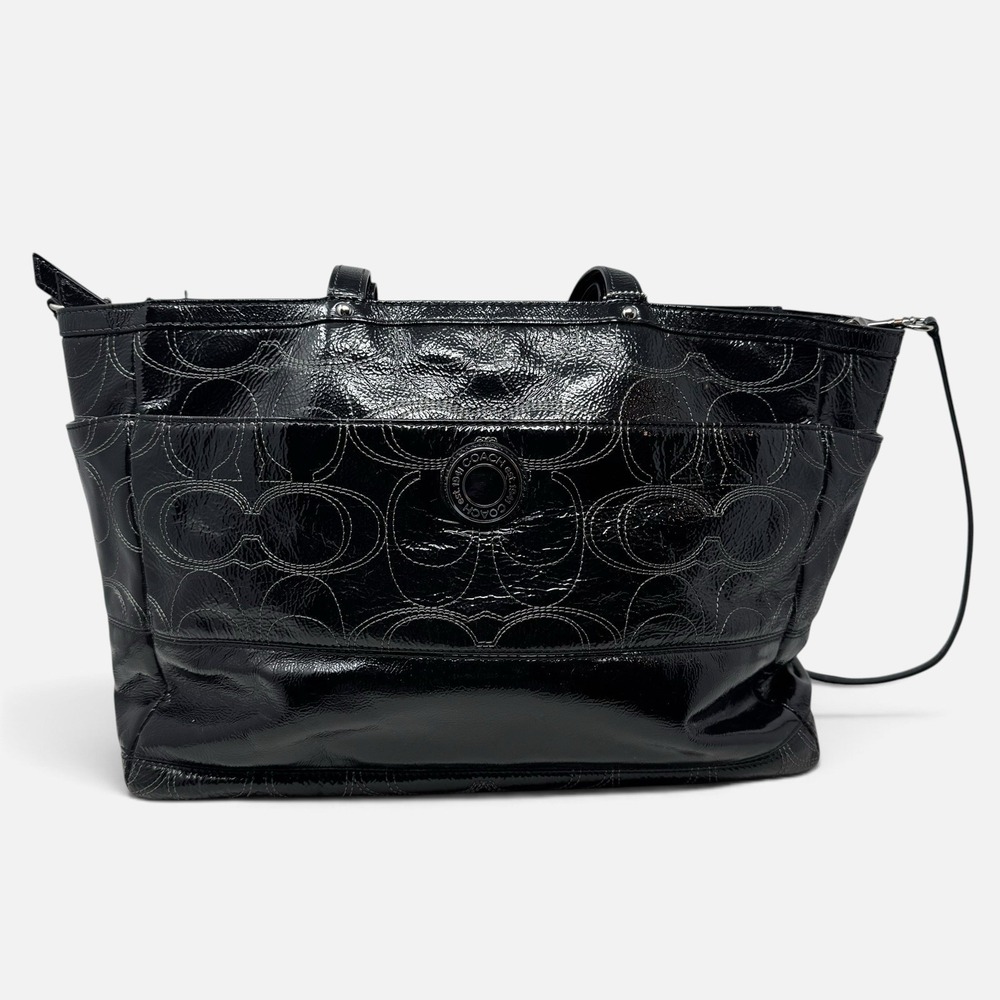 Coach Black Patent Leather Stitched C Baby Bag Diaper Tote Crossbody Travel Bag